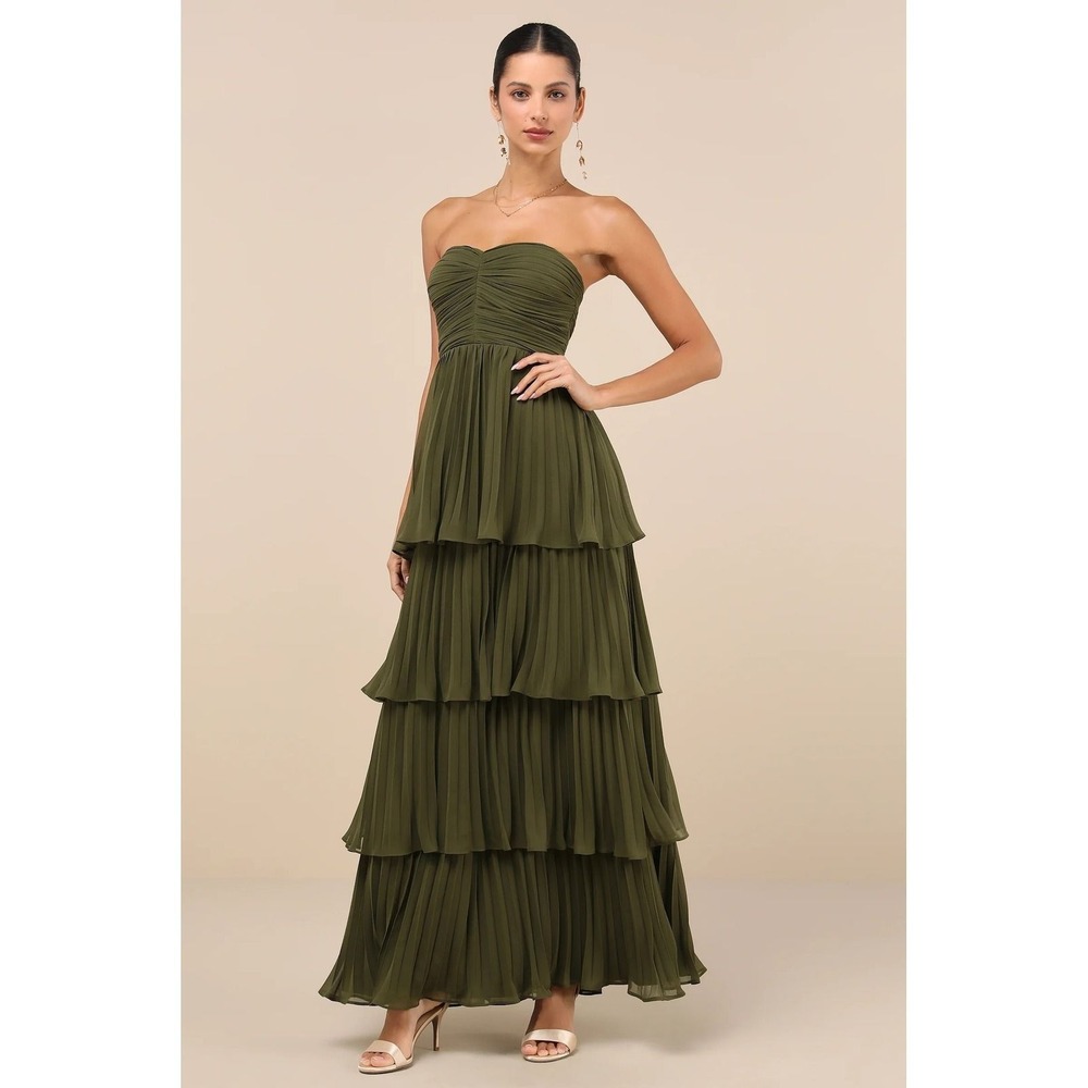 Lulu's Olive Green Strapless Tiered Maxi Dress
